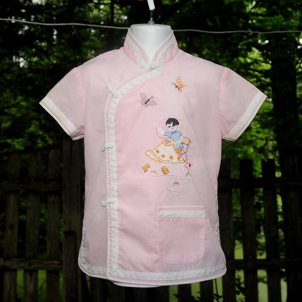 VTG 80s Girls Plum Blossom Pink Cotton Tang Suit Top Jacket Child Applique 5/6
